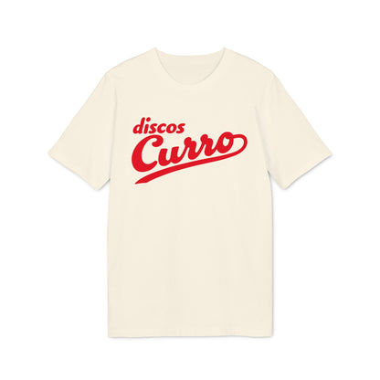 A cream-colored short-sleeved t-shirt featuring the red text "discos Curro" centered on the chest.