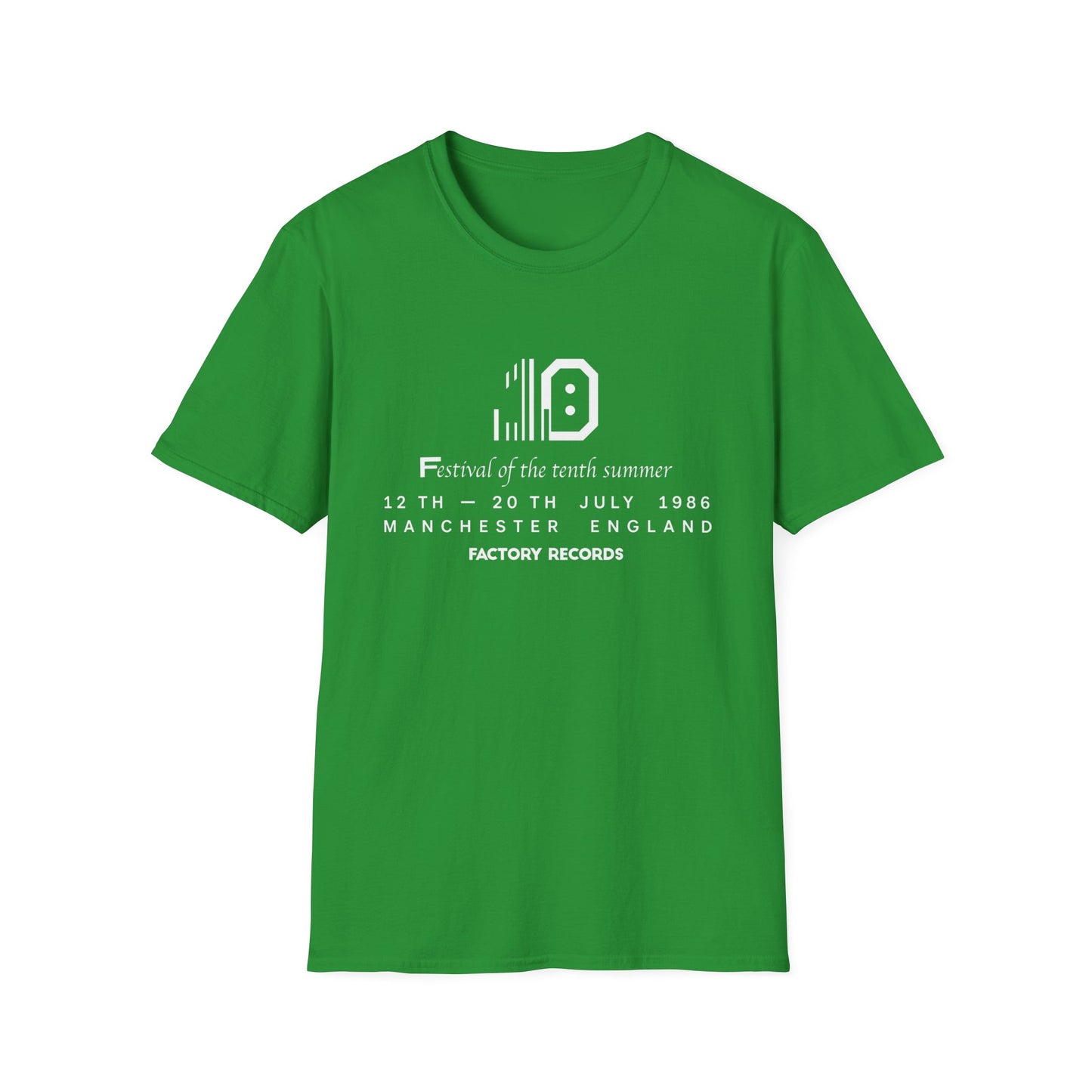Green t-shirt with "Festival of the tenth summer 12-20 July 1986 Manchester England Factory Records" text.