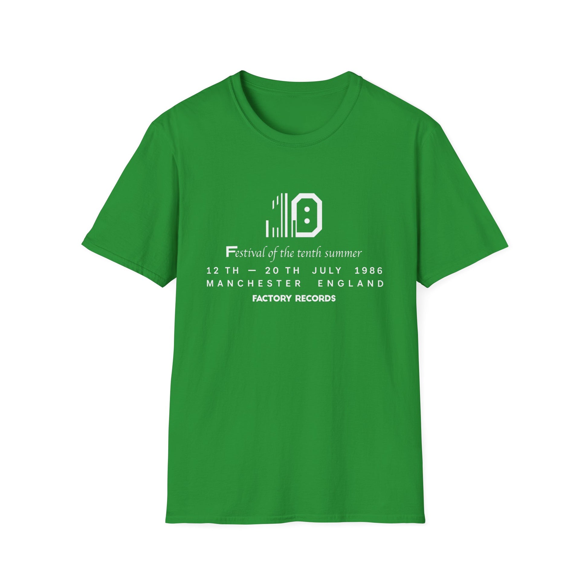 Green t-shirt with "Festival of the tenth summer 12-20 July 1986 Manchester England Factory Records" text.