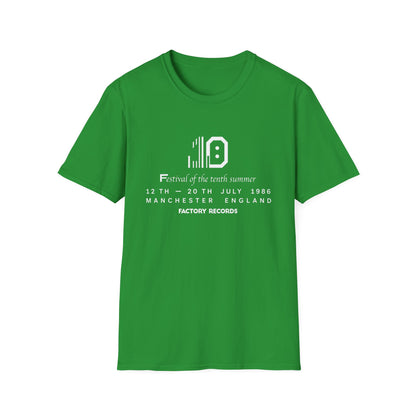 Green t-shirt with "Festival of the tenth summer 12-20 July 1986 Manchester England Factory Records" text.