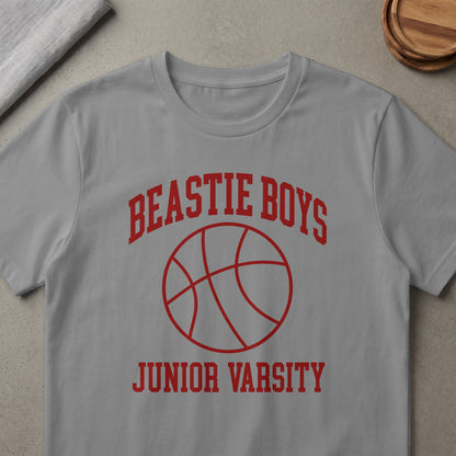 Gray t-shirt with red Beastie Boys Junior Varsity basketball graphic.
