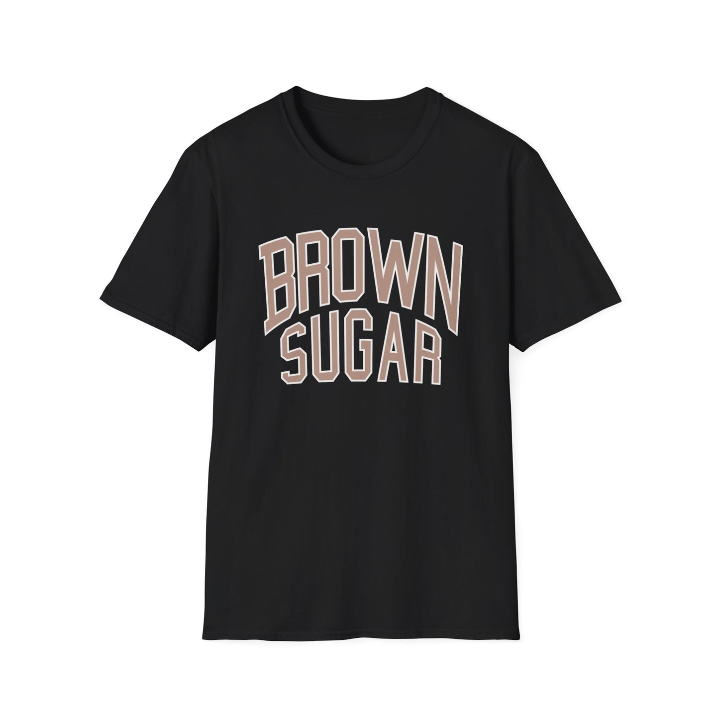 Black t-shirt with "BROWN SUGAR" text in arched collegiate font