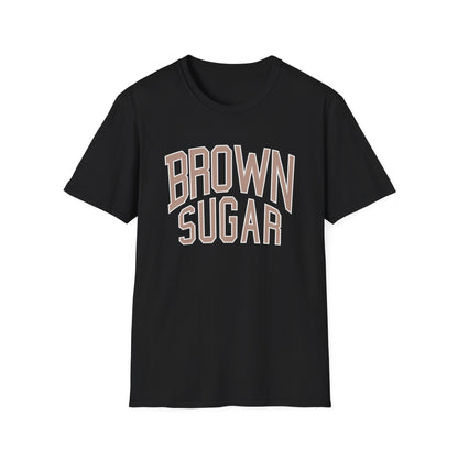 Black t-shirt with "BROWN SUGAR" text in arched collegiate font