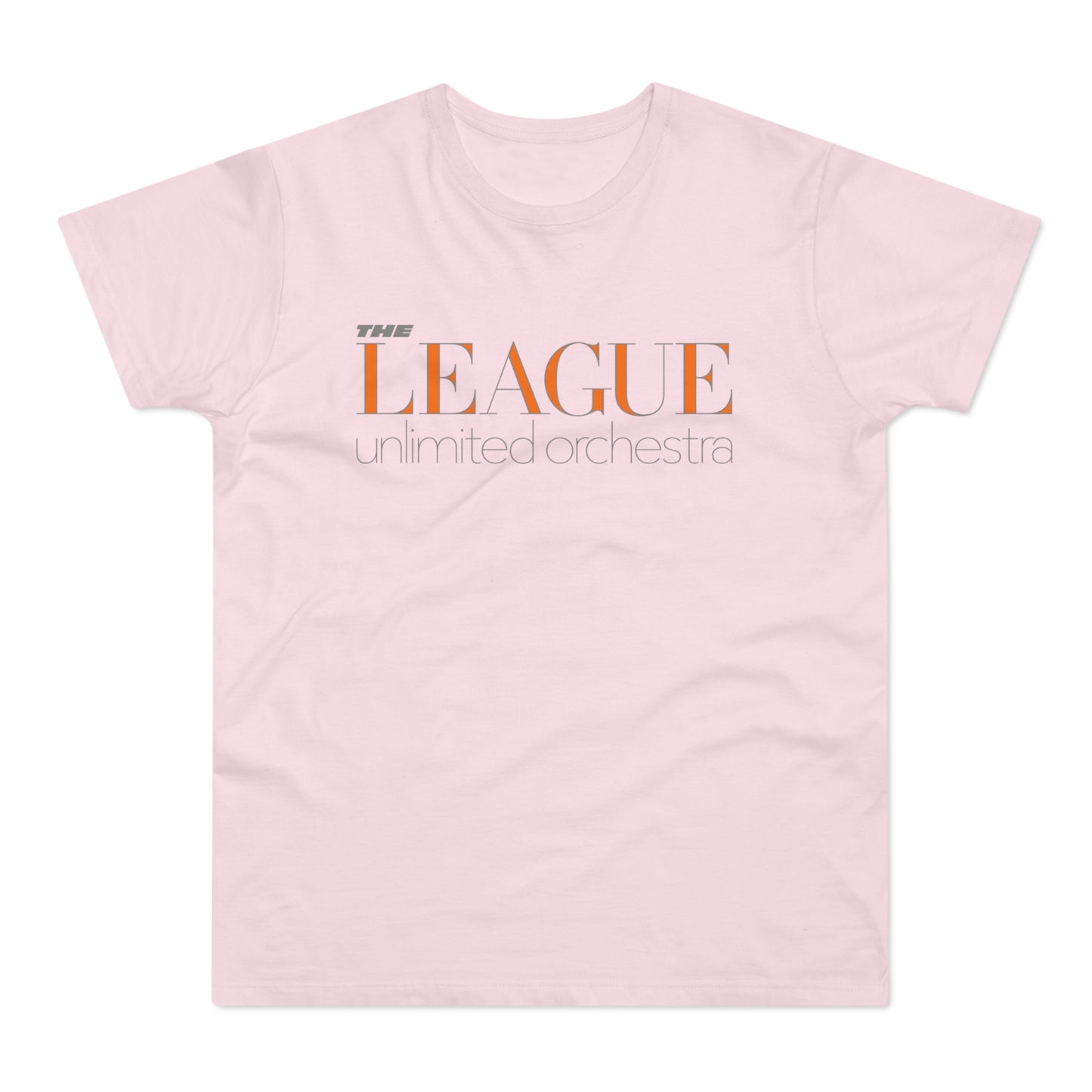 Pink t-shirt with orange and grey text "THE LEAGUE unlimited orchestra".
