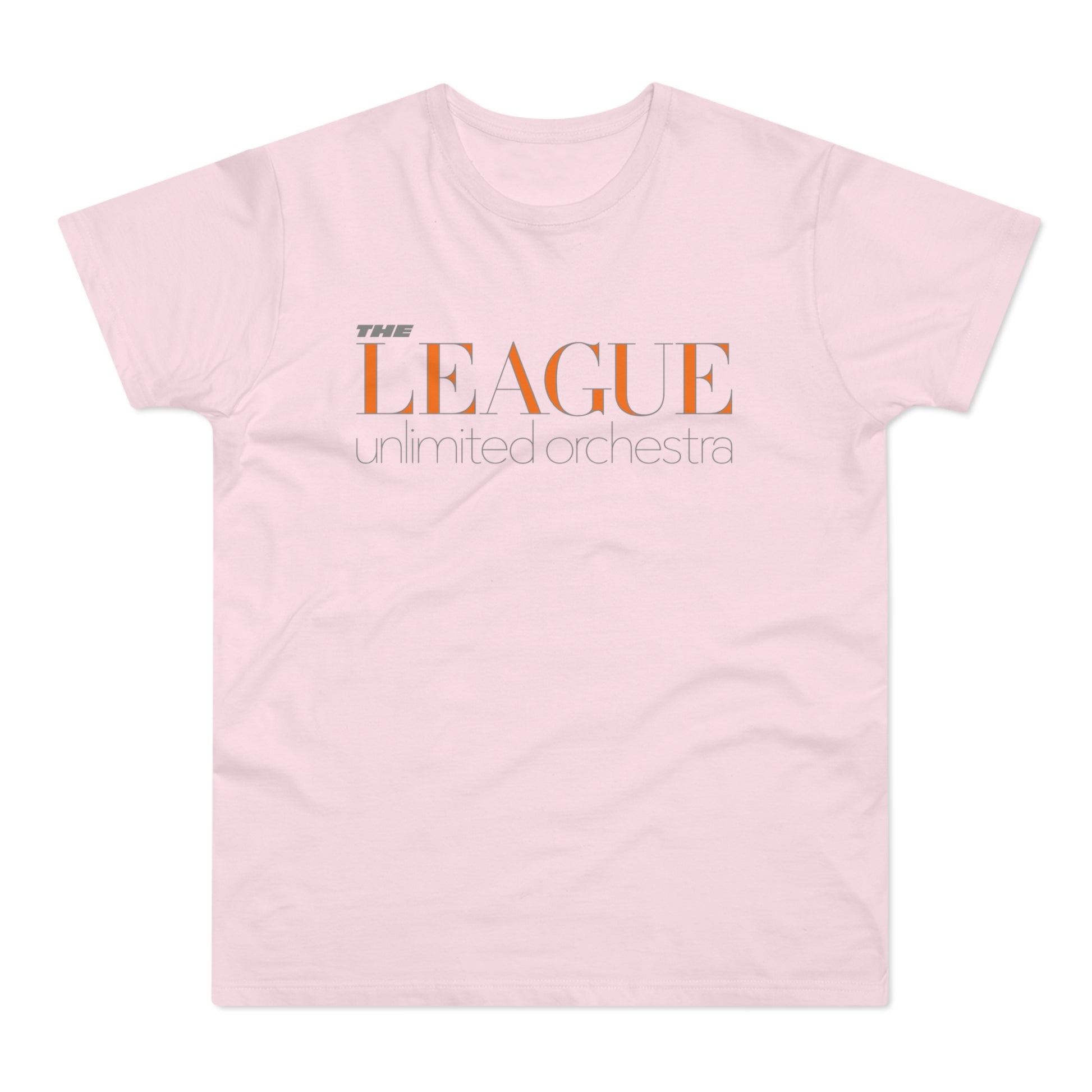 Pink t-shirt with orange and grey text "THE LEAGUE unlimited orchestra".