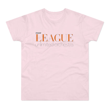 Pink t-shirt with orange and grey text "THE LEAGUE unlimited orchestra".