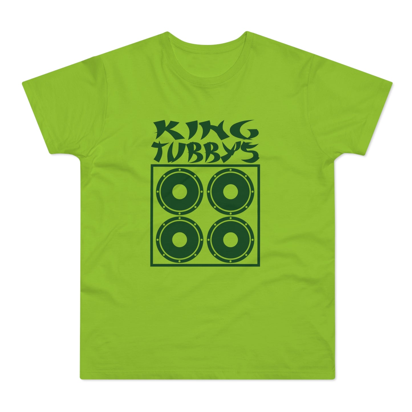 Lime green t-shirt with dark green King Tubby's logo and speaker graphic.