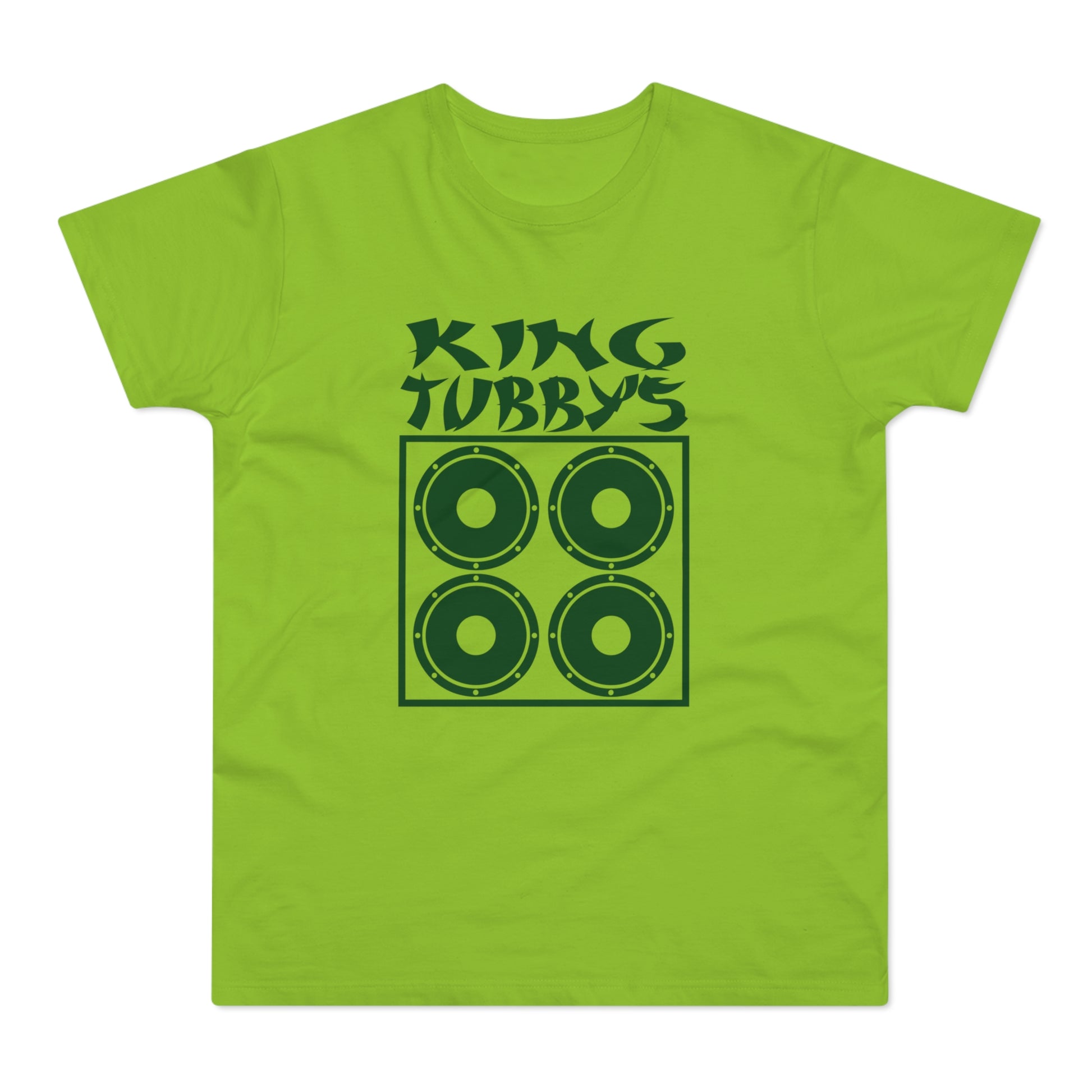 Lime green t-shirt with dark green King Tubby's logo and speaker graphic.