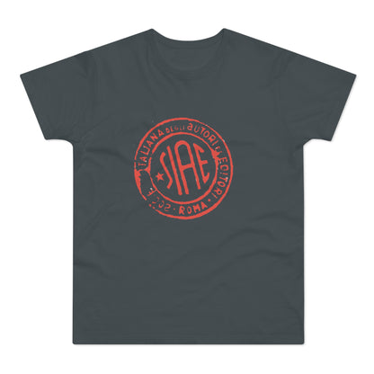 A dark gray short-sleeved t-shirt features a red circular SIAE logo printed centrally on the chest.