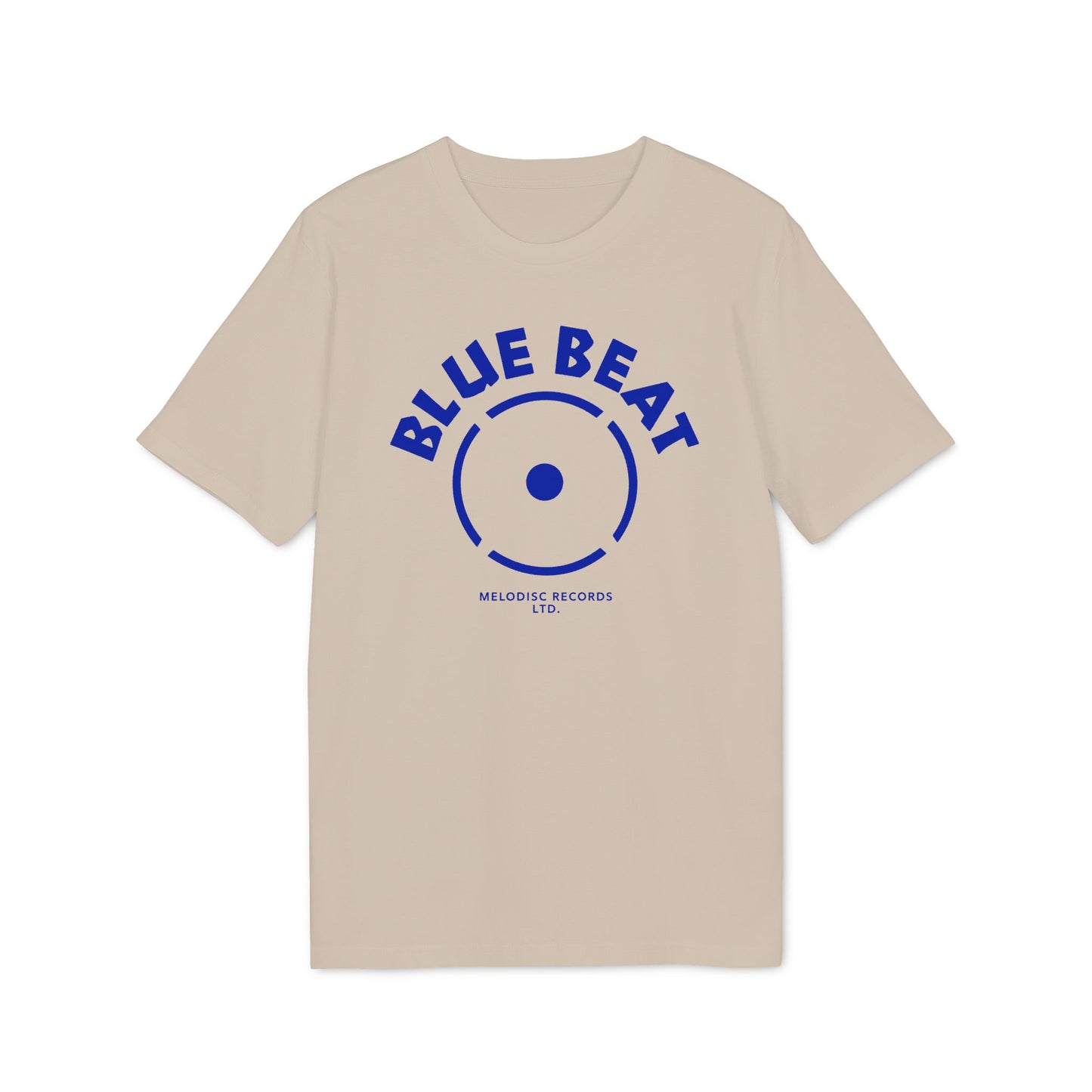Light tan t-shirt with blue "BLUE BEAT" text and record logo.