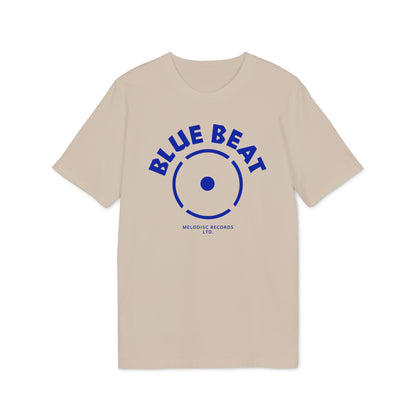Light tan t-shirt with blue "BLUE BEAT" text and record logo.