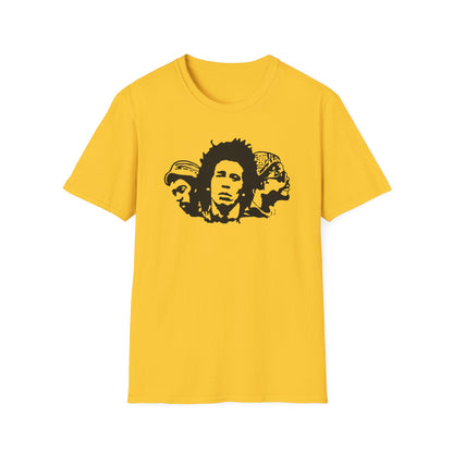 Yellow t-shirt with black graphic of three faces, featuring Bob Marley.