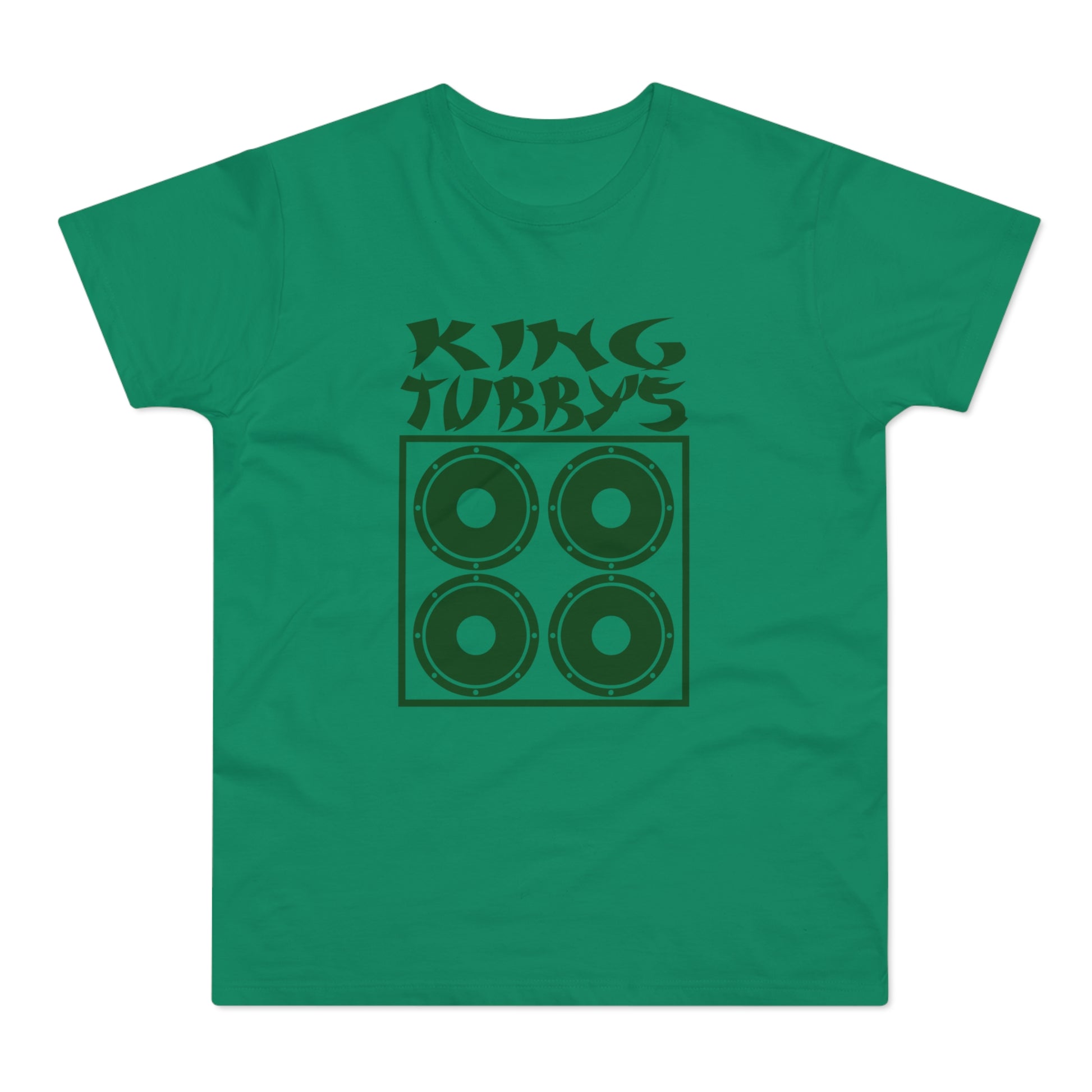 Green t-shirt with "KING TUBBY'S" text and four speaker graphic.