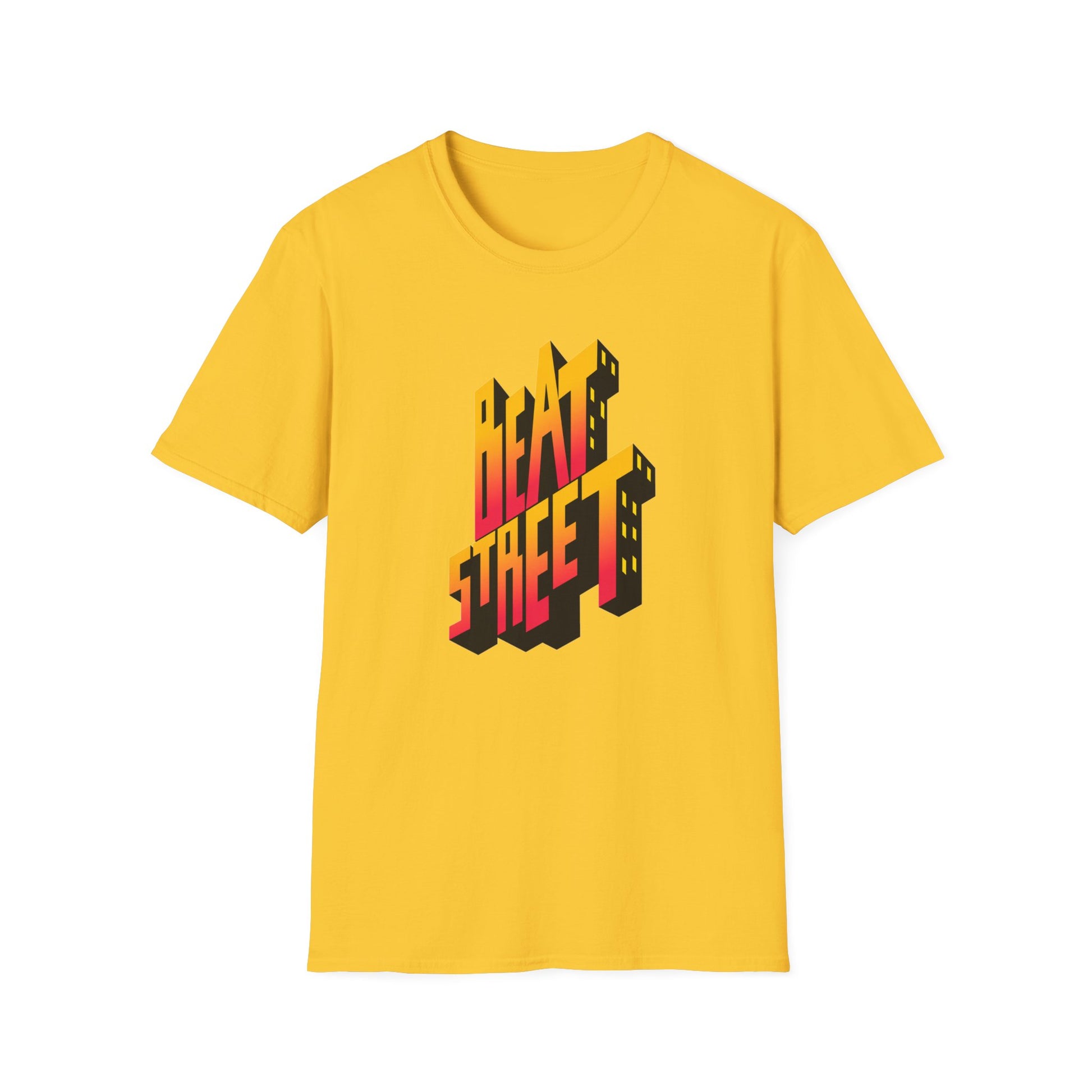 Yellow t-shirt with "Beat Street" text in 3D geometric lettering.