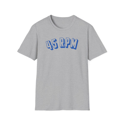 Grey t-shirt with blue "45 RPM" text in a curved font.