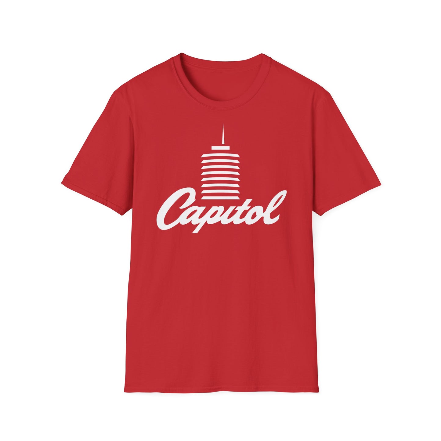 Red t-shirt with white "Capitol" text and stacked horizontal lines logo.