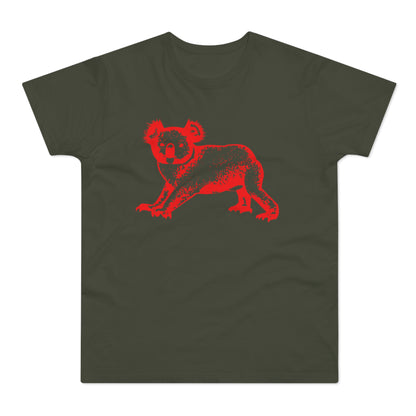 Red koala graphic on a dark green t-shirt.