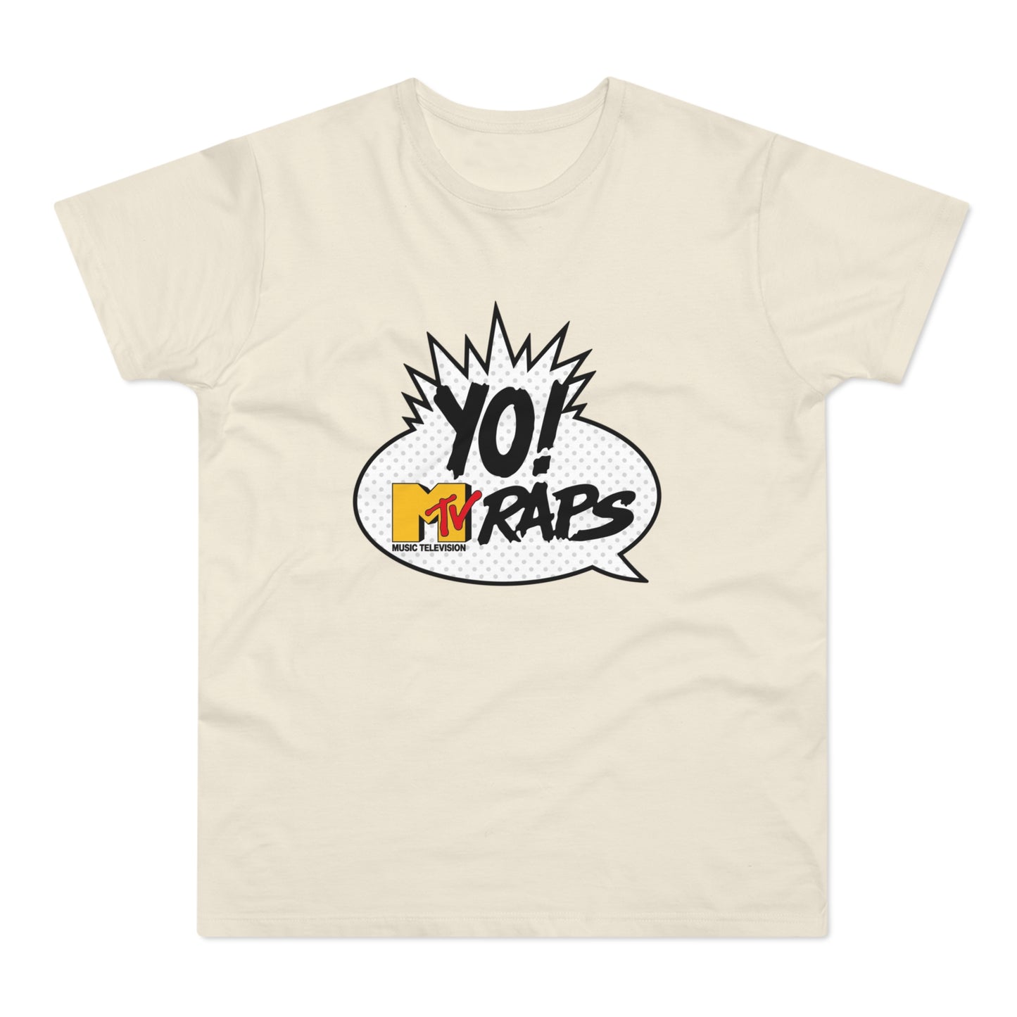 Cream t-shirt with "YO! MTV RAPS" in a comic speech bubble graphic.