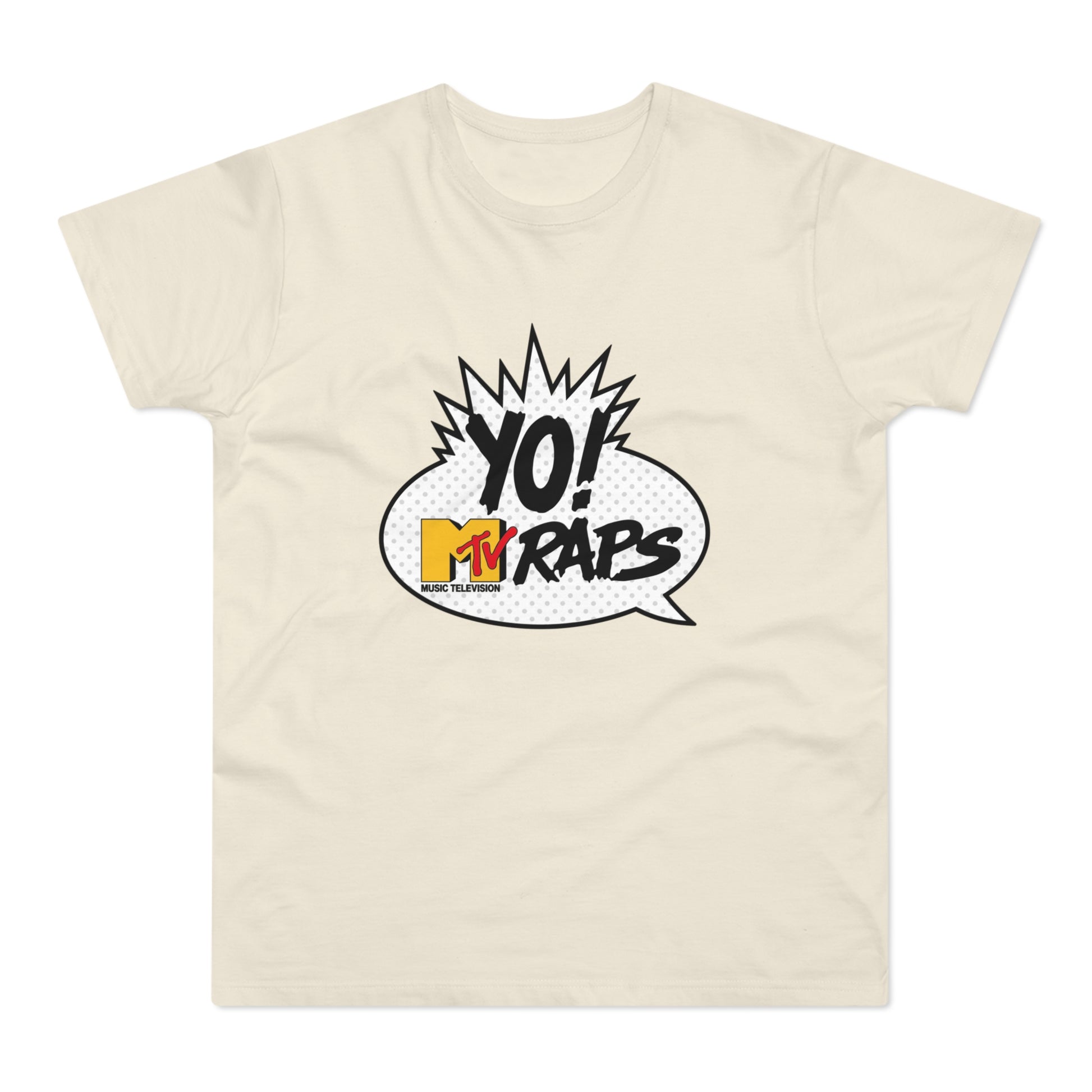 Cream t-shirt with "YO! MTV RAPS" in a comic speech bubble graphic.