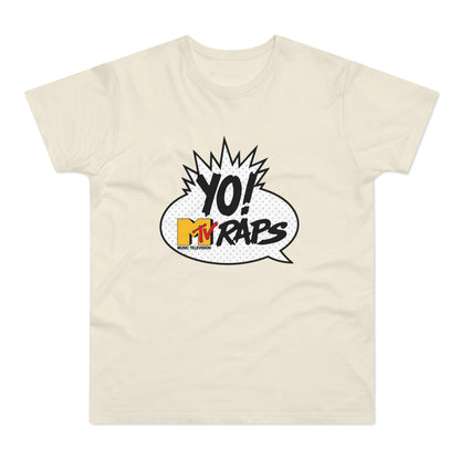 Cream t-shirt with "YO! MTV RAPS" in a comic speech bubble graphic.