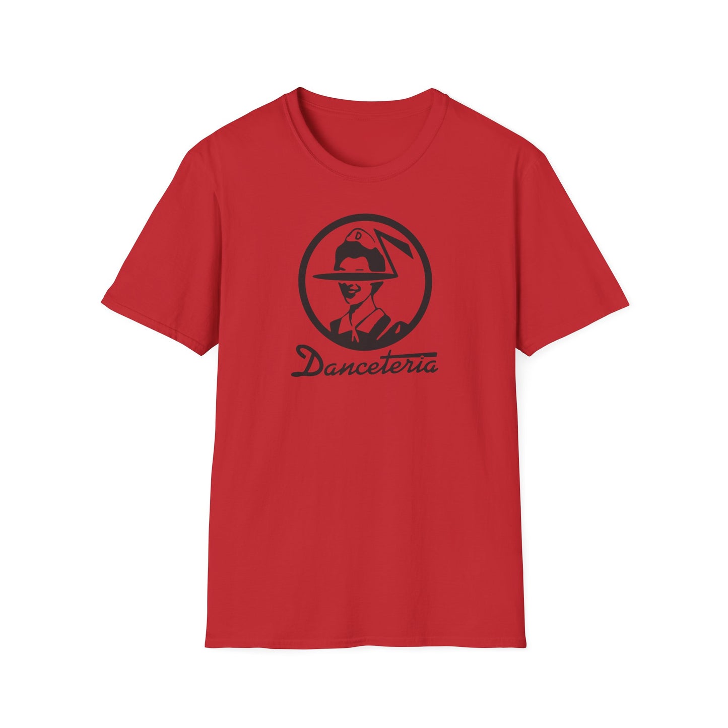 Red t-shirt with a black circular logo containing a face and "Danceteria" text.