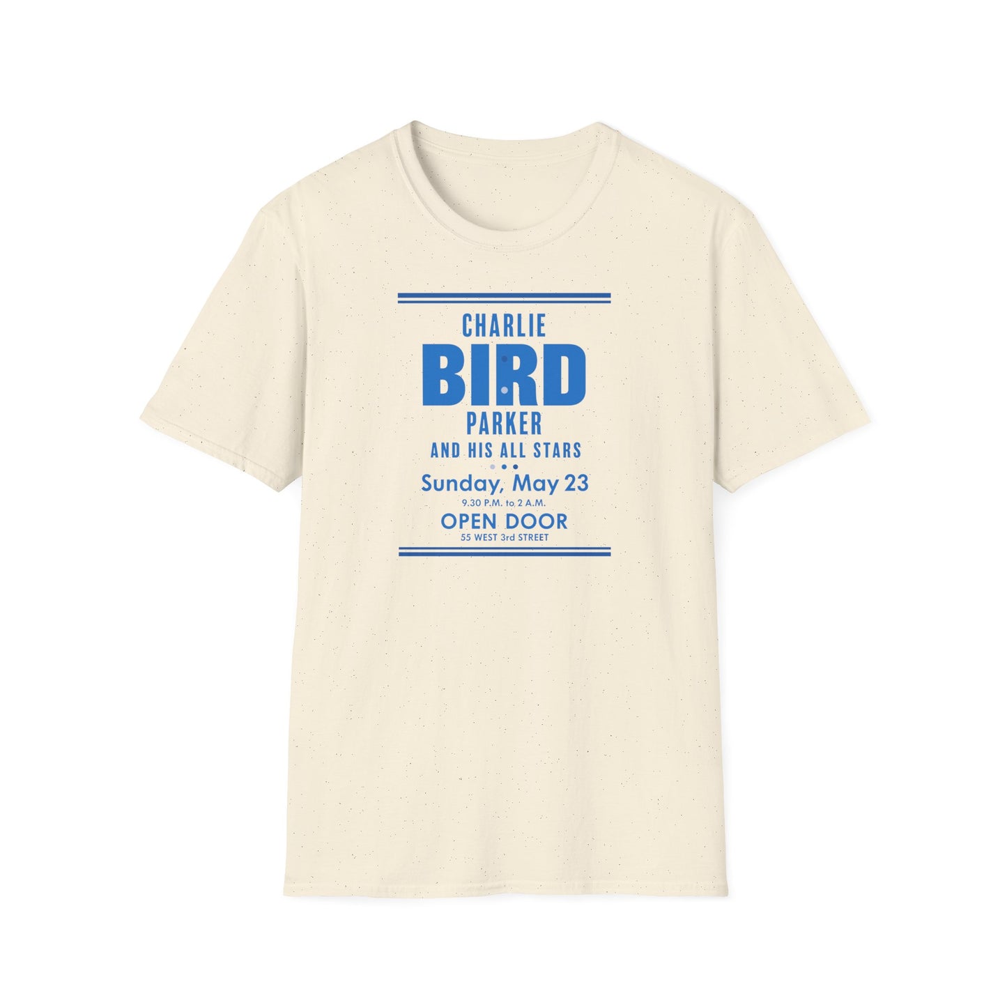 Cream t-shirt with blue text for Charlie Bird Parker and His All Stars concert.
