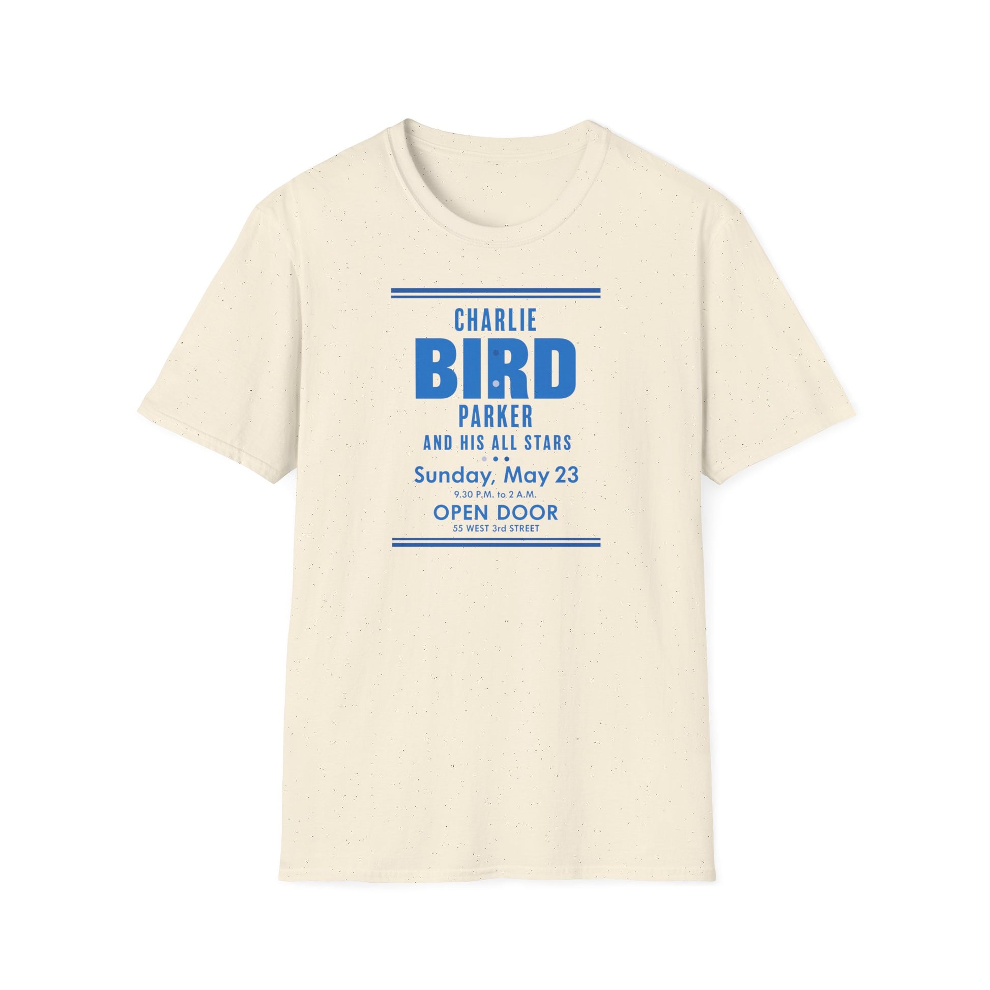 Cream t-shirt with blue text for Charlie Bird Parker and His All Stars concert.