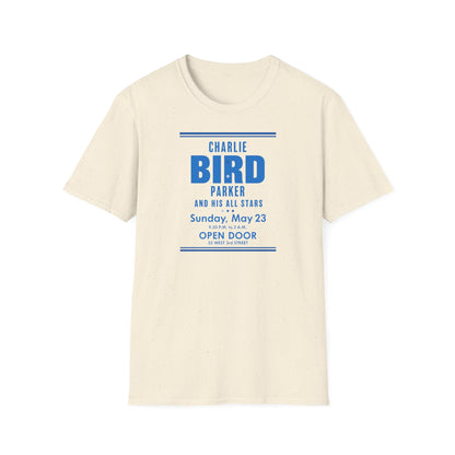 Cream t-shirt with blue text for Charlie Bird Parker and His All Stars concert.