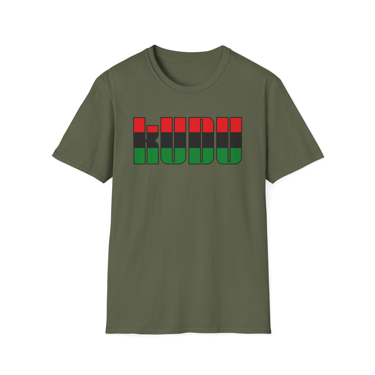 Olive green t-shirt with "KUDU" text in black, red, and green blocks.