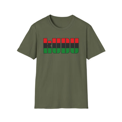 Olive green t-shirt with "KUDU" text in black, red, and green blocks.