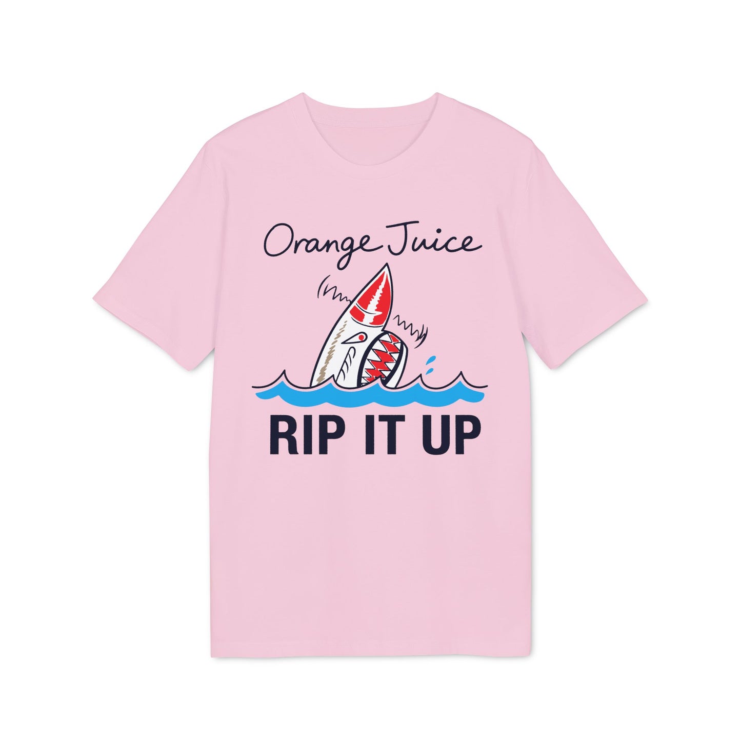 Pink t-shirt with shark graphic and text "Orange Juice RIP IT UP"
