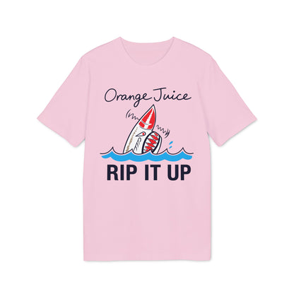 Pink t-shirt with shark graphic and text "Orange Juice RIP IT UP"
