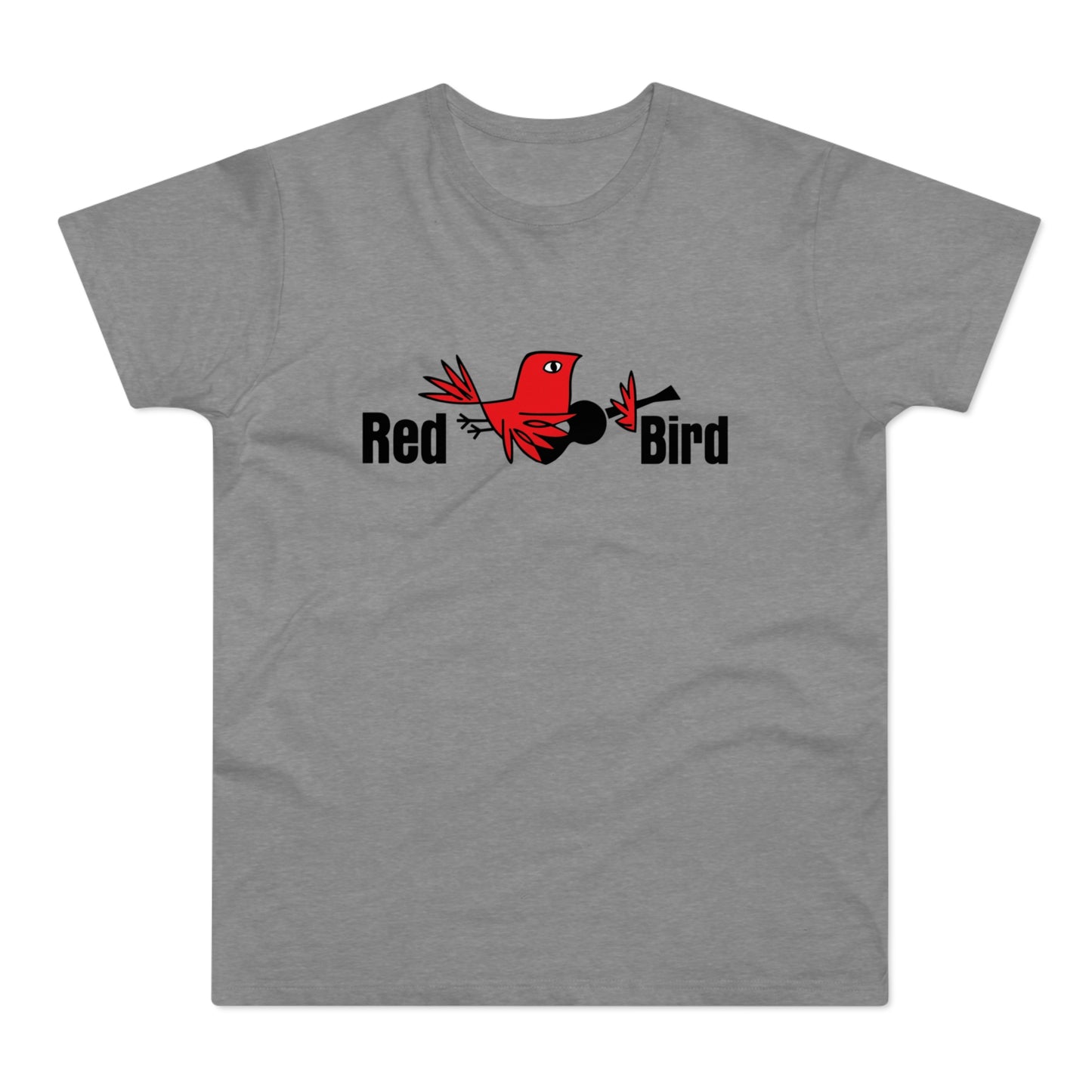 Red Bird logo on a gray t-shirt with text "Red" and "Bird" surrounding a red bird graphic.