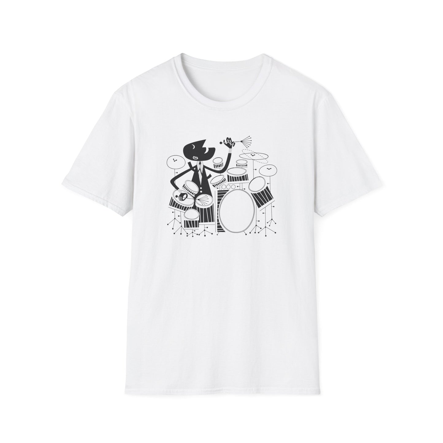 Black and white graphic of a cat playing a drum set on a white t-shirt.