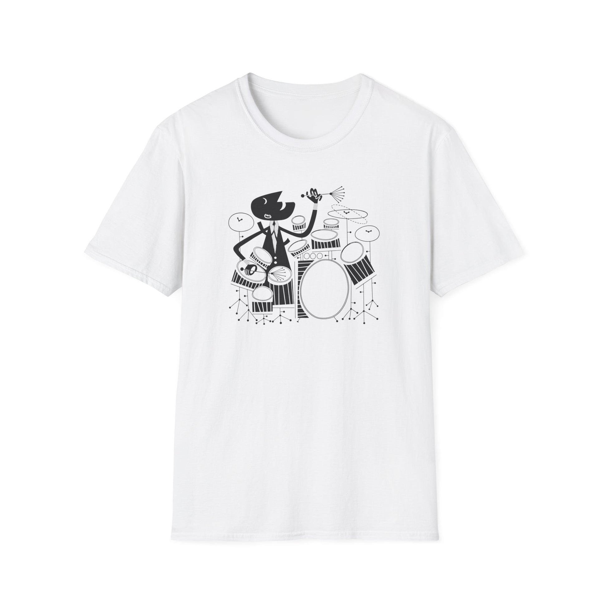 Black and white graphic of a cat playing a drum set on a white t-shirt.