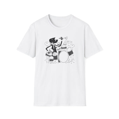 Black and white graphic of a cat playing a drum set on a white t-shirt.