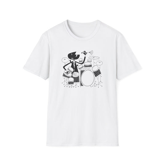 Black and white graphic of a cat playing a drum set on a white t-shirt.