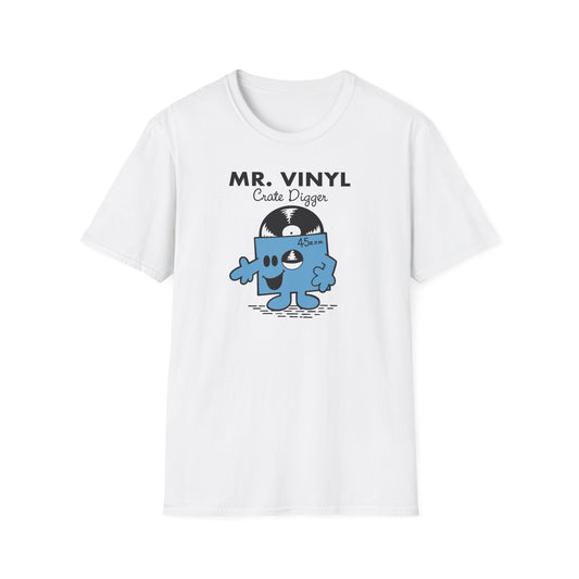 White t-shirt with "MR. VINYL Crate Digger" and a cartoon vinyl record character.