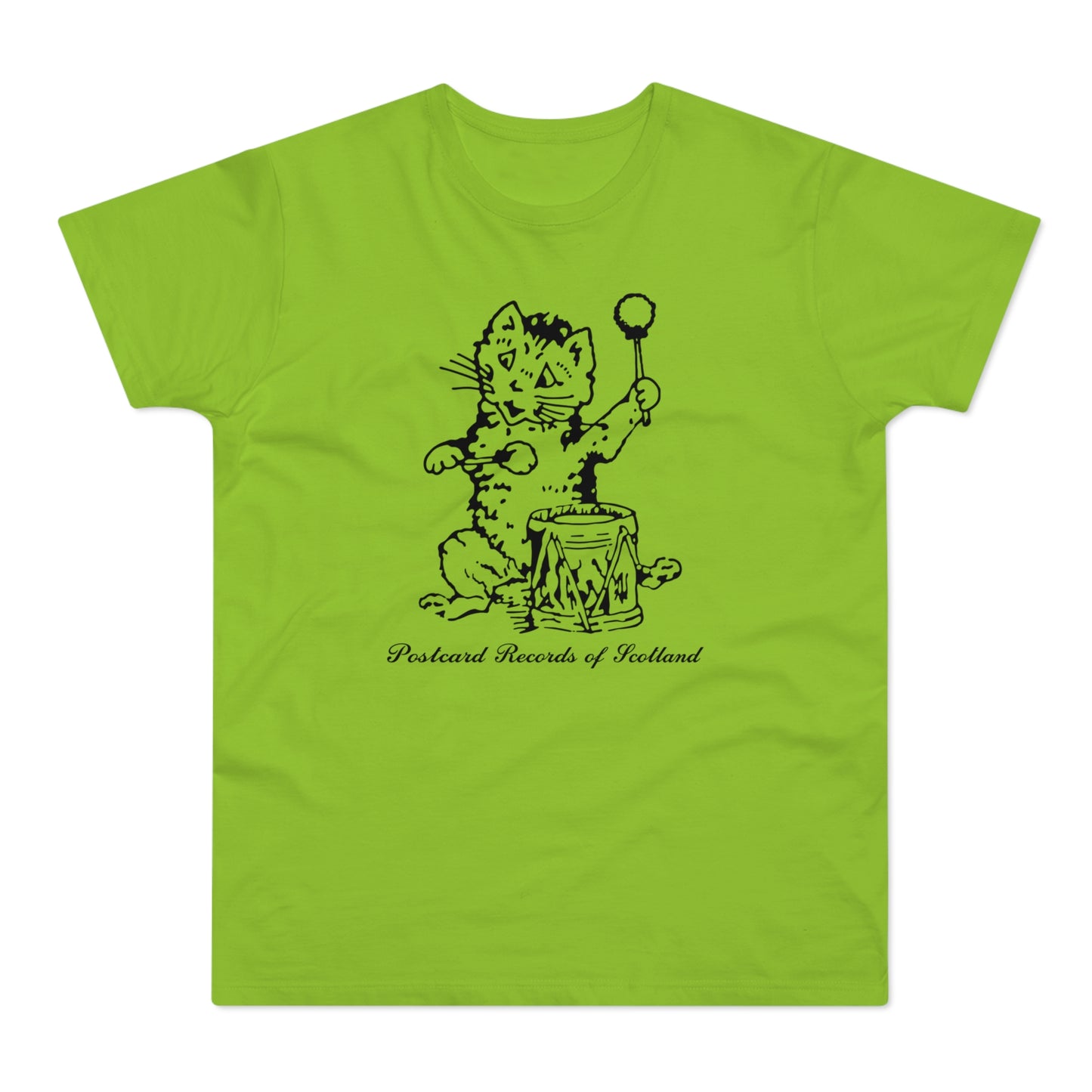 Black ink drawing of a cat playing a drum with mallets on a lime green t-shirt.