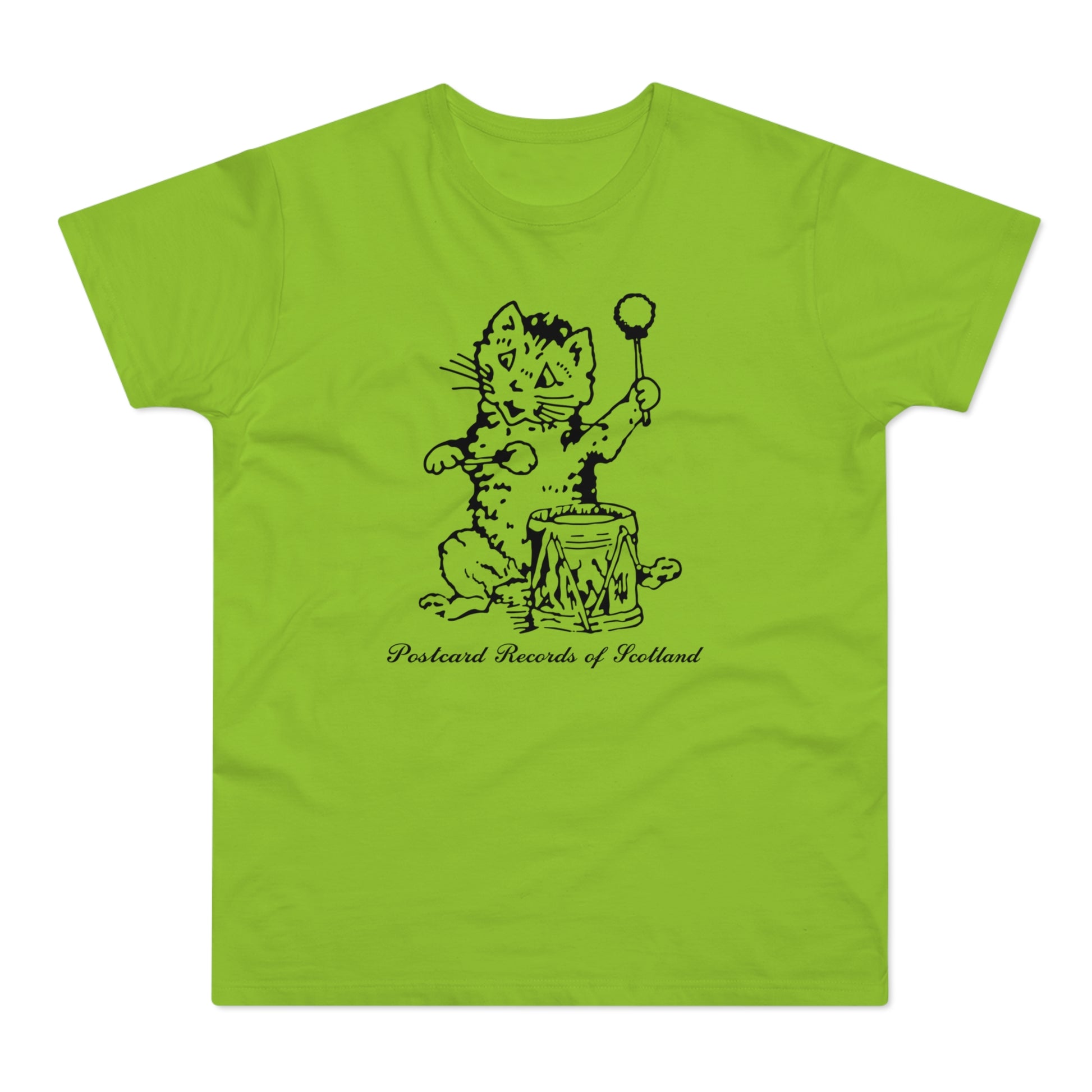 Black ink drawing of a cat playing a drum with mallets on a lime green t-shirt.