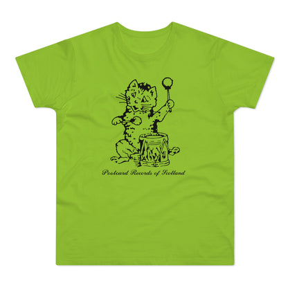 Black ink drawing of a cat playing a drum with mallets on a lime green t-shirt.