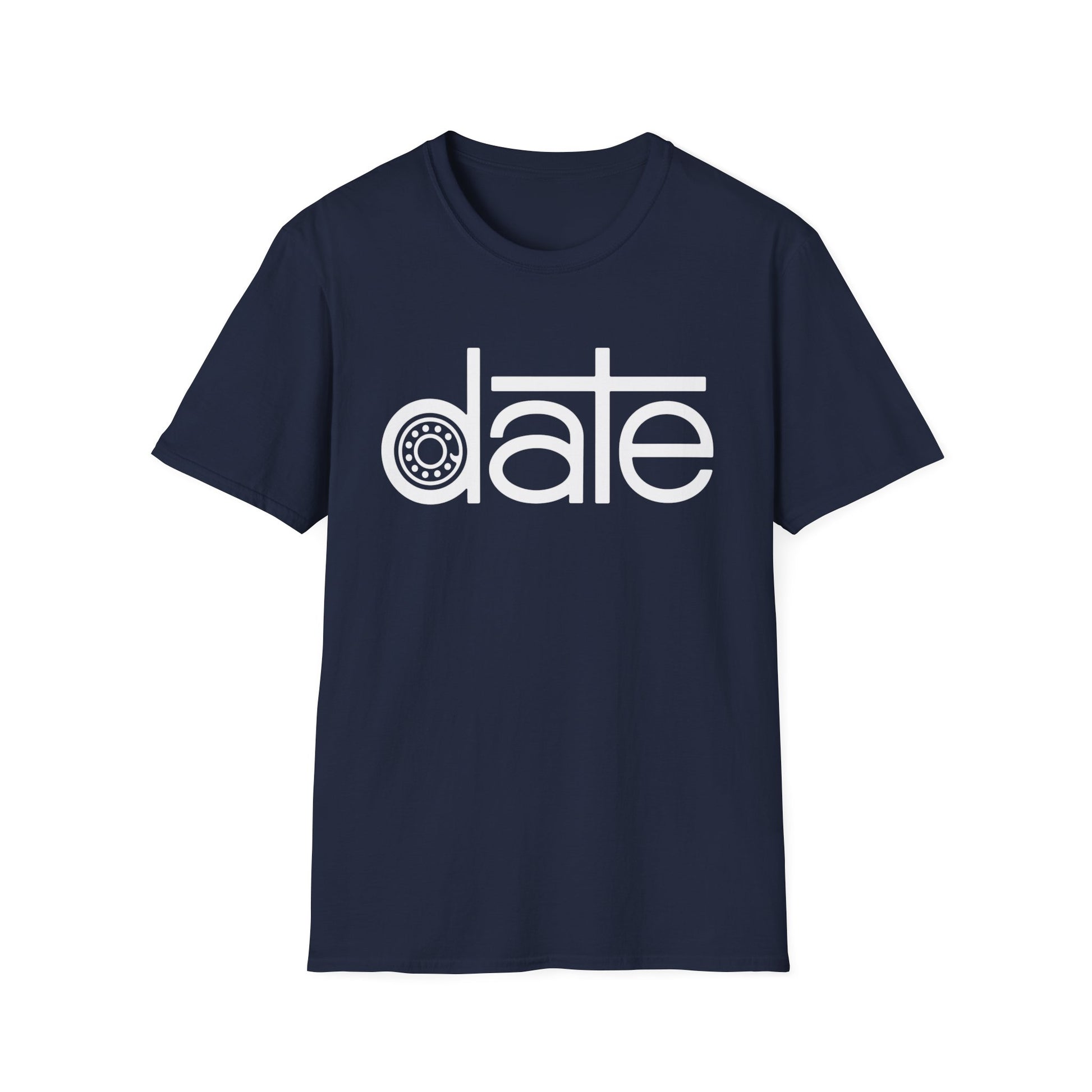 Navy t-shirt with white text "date" where the 'a' is replaced by a wheel.