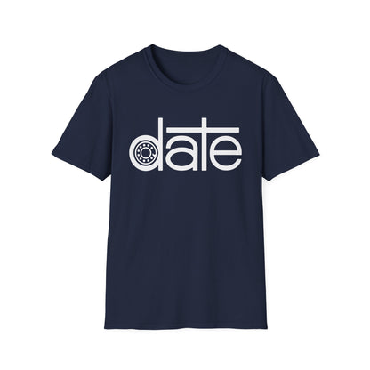 Navy t-shirt with white text "date" where the 'a' is replaced by a wheel.