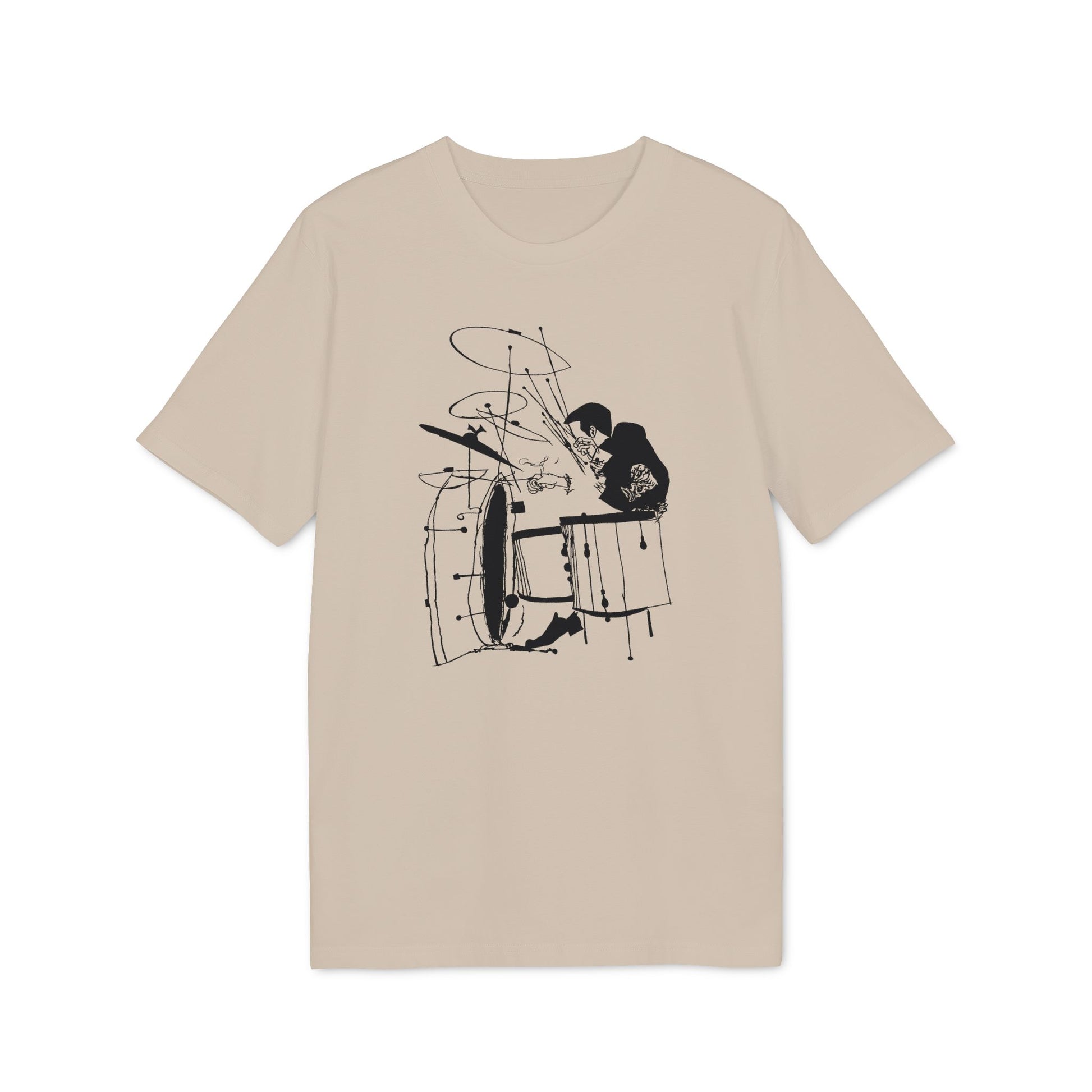 T-shirt with a black ink sketch of a drummer playing drums.