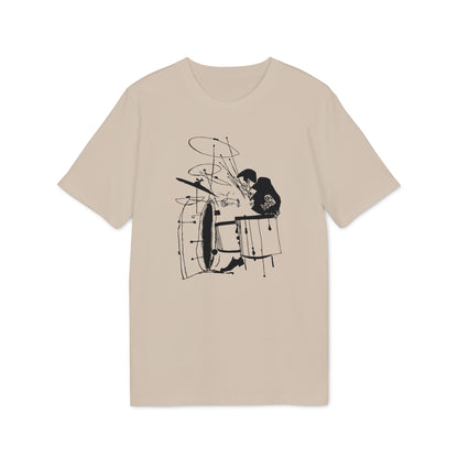 T-shirt with a black ink sketch of a drummer playing drums.