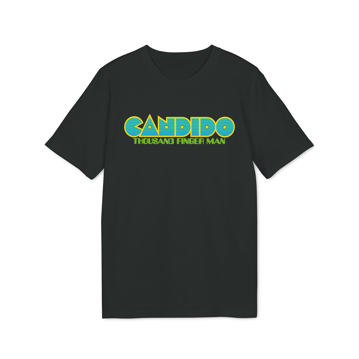 A black short-sleeved t-shirt with the text CANDIDO THOUSAND FINGER MAN printed across the chest.