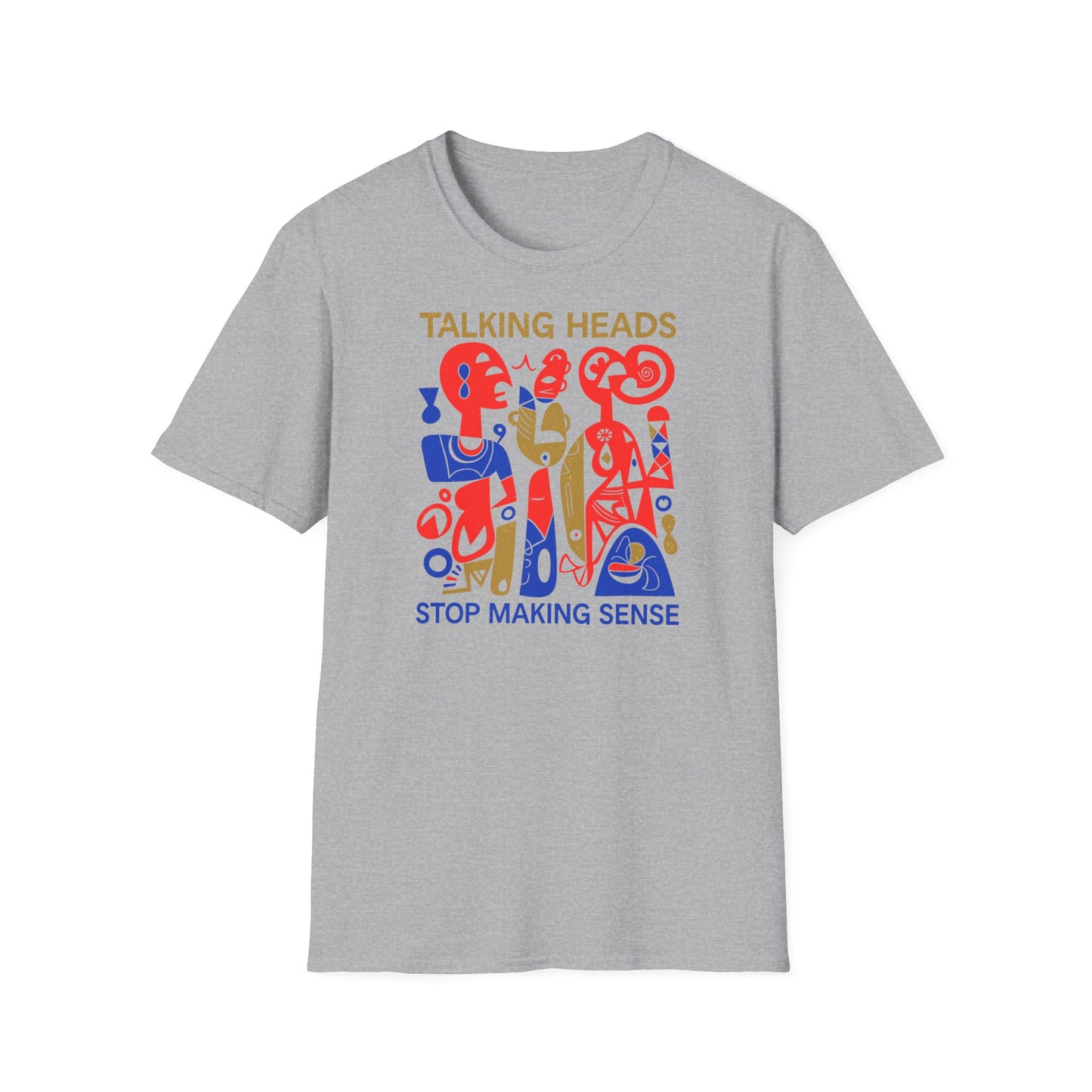 Grey t-shirt with "Talking Heads" and "Stop Making Sense" text and abstract figures.