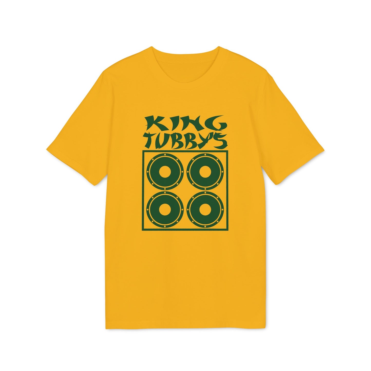 Yellow t-shirt with green text "KING TUBBY'S" and speaker graphic.