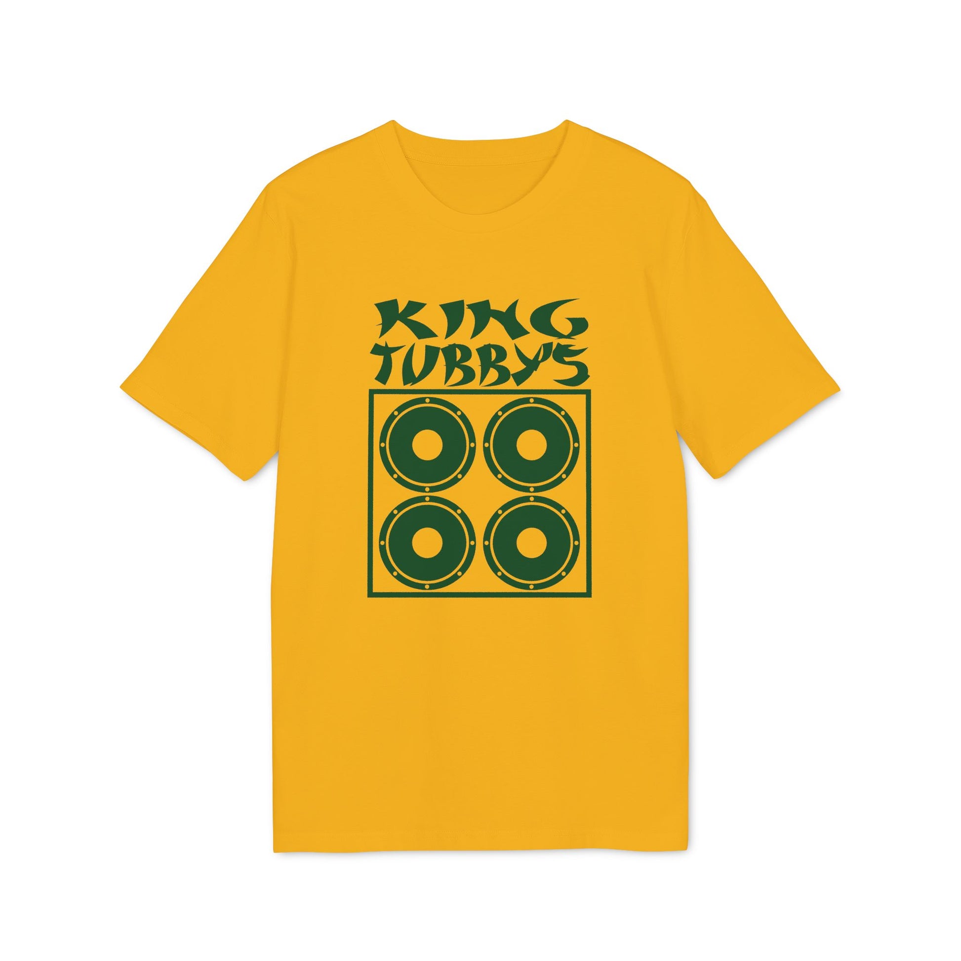 Yellow t-shirt with green text "KING TUBBY'S" and speaker graphic.