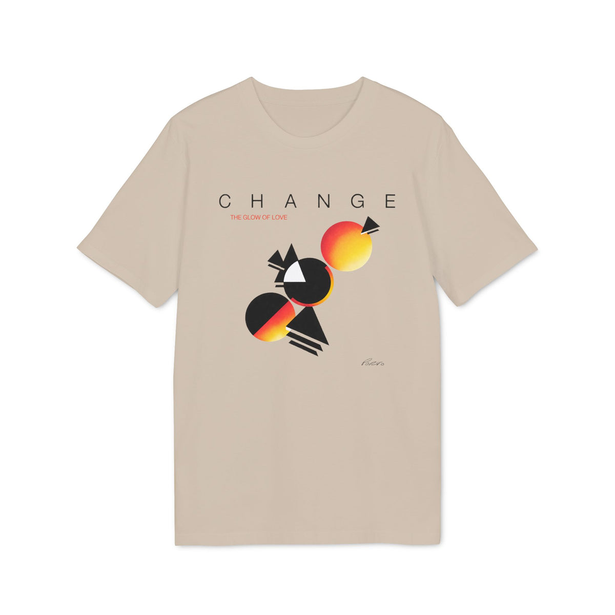 A beige crewneck t-shirt featuring the word CHANGE and abstract geometric artwork with red and yellow gradients.